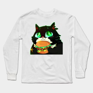 Black Fat cat with eating burger Long Sleeve T-Shirt